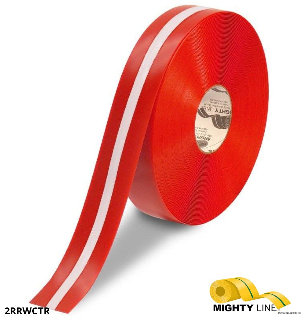 Mighty Line 2" Red Tape with White Center Line, 100' Roll