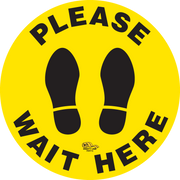 Please Wait Here Social Distancing Floor Sign, Peel and Stick 12 inch Wide, Yellow