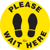Please Wait Here Social Distancing Floor Sign, Peel and Stick 16 inch Wide, Yellow